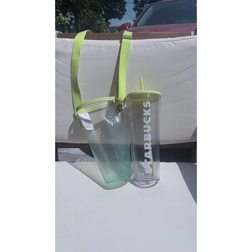 Starbucks 24 oz Clear Green Cold Cup With Straw & Crossbody Cup Carrier